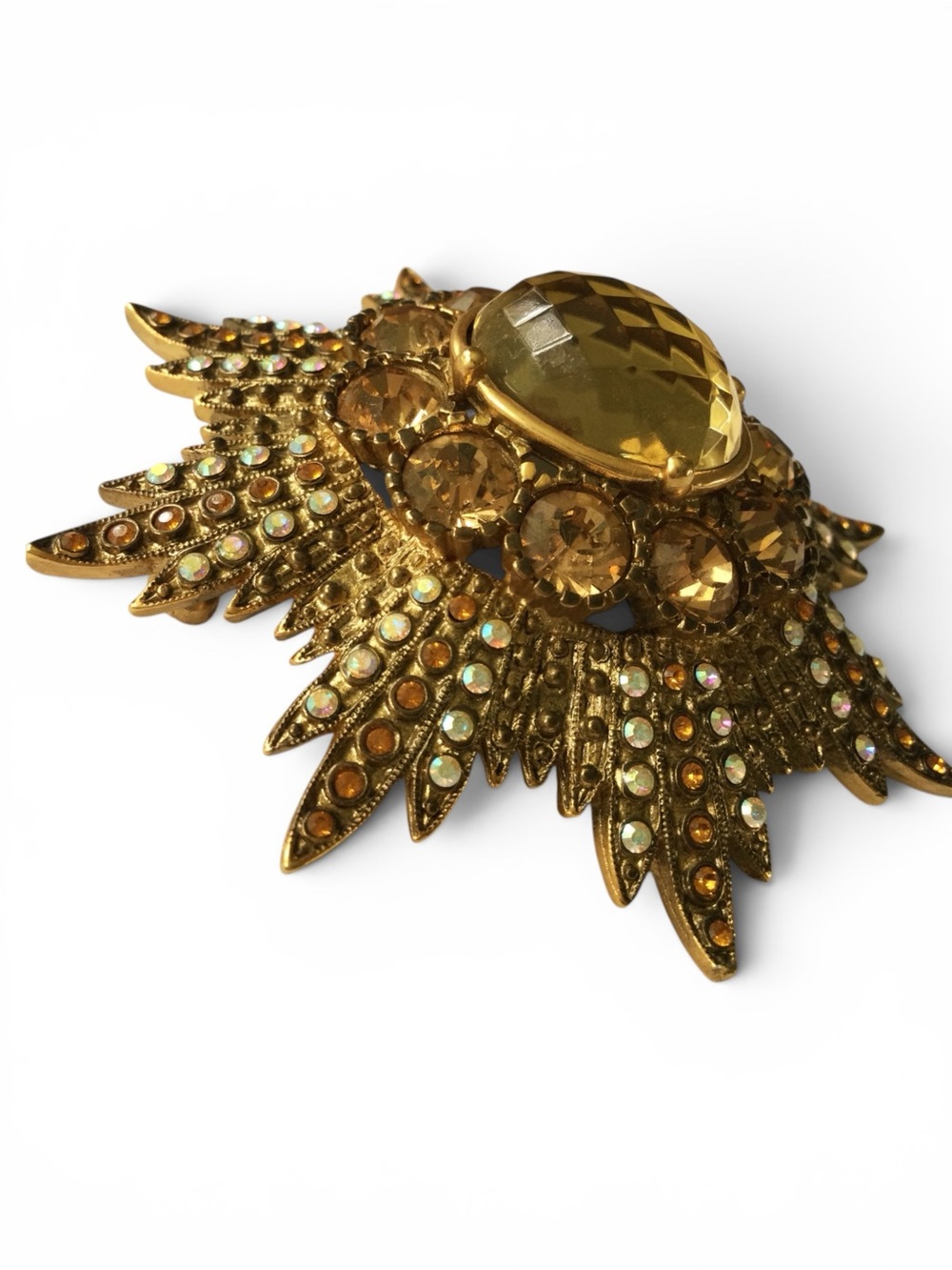 Vintage Joan Rivers Signed Starburst Brooch w/ Citrine, Amber & AB Rhinestones - Picture 11 of 13